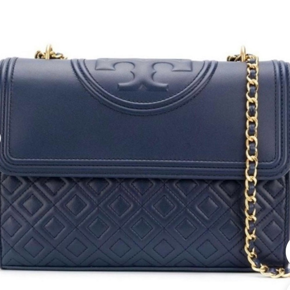 Tory Burch Fleming Navy Quilted Leather Shoulder Bag with Tassel